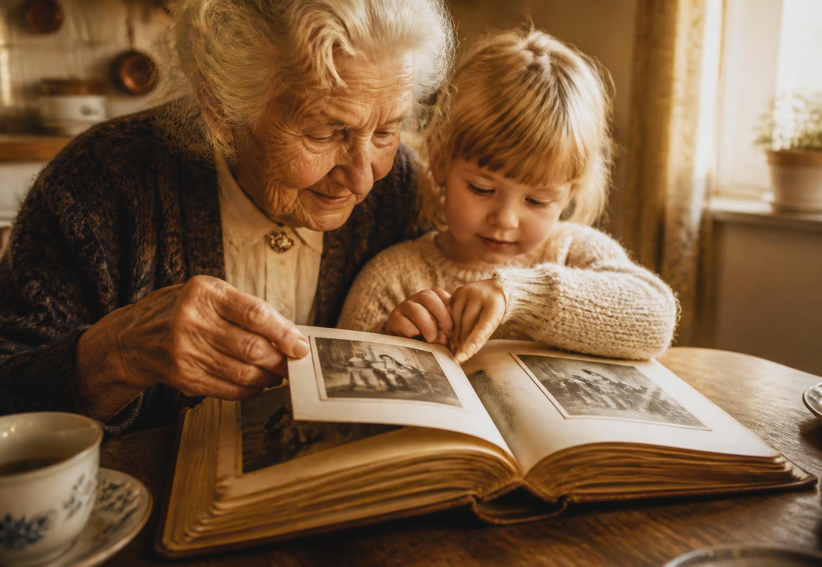 Bestemor og barnebarn blar i et gammelt fotoalbum ved kjøkkenbordet
